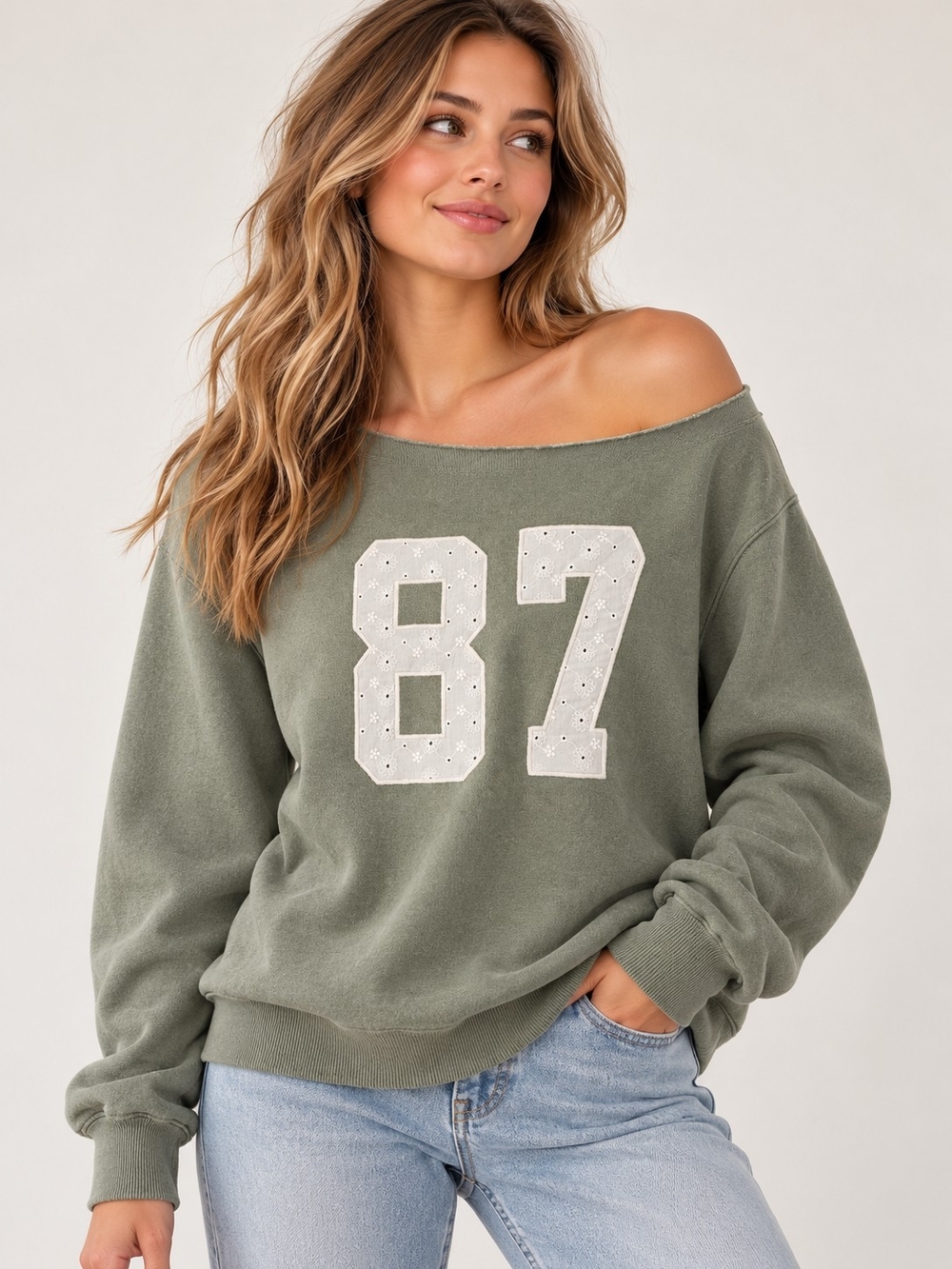 Wild Fable 87 Off Shoulder Sweatshirt Sage Green Eyelet Varsity NWT M